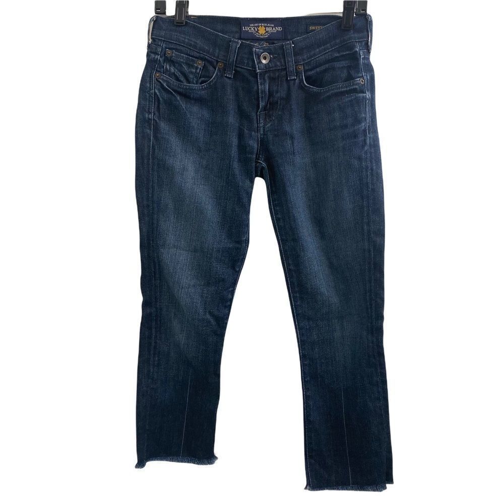 Lucky‎ Brand Jeans Womens 0/25 Dark Blue Sweet N Straight Raw Hem Mid Rise Denim
